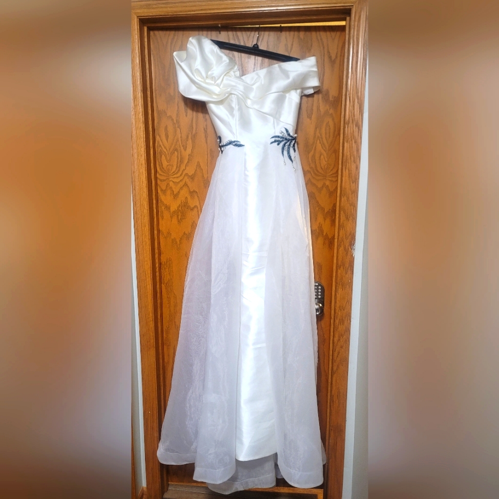 Terani Couture White Off-Shoulder Gown With Blue Embroidery Size 6